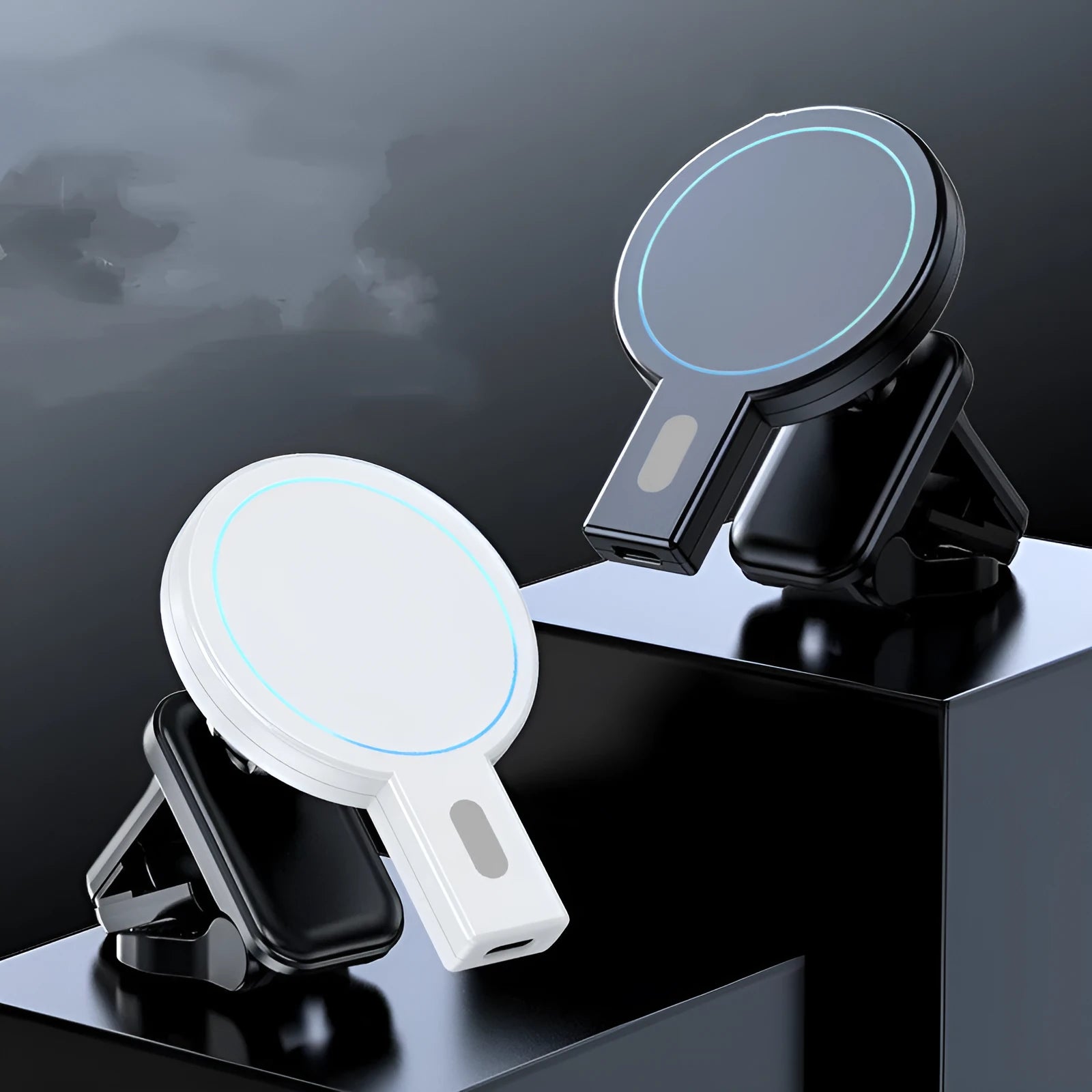 White magnetic wireless phone charger on desk with mobile phone attached