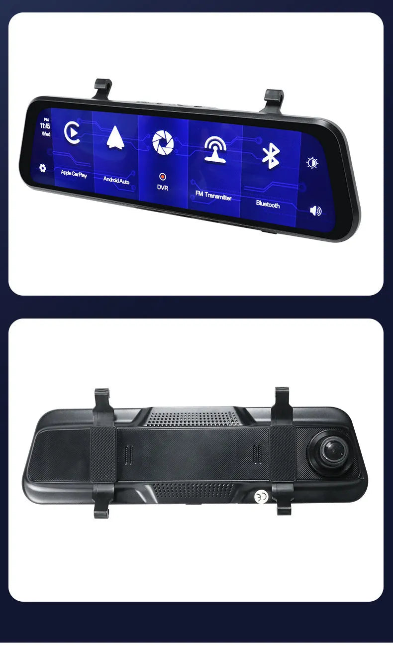 Black universal car GPS navigation system with 9.66-inch touch screen displayed on a dashboard.