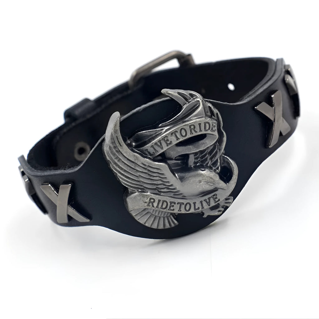 Black geometric leather wrist bracelet with detailed alloy eagle clasp showing tapered width design