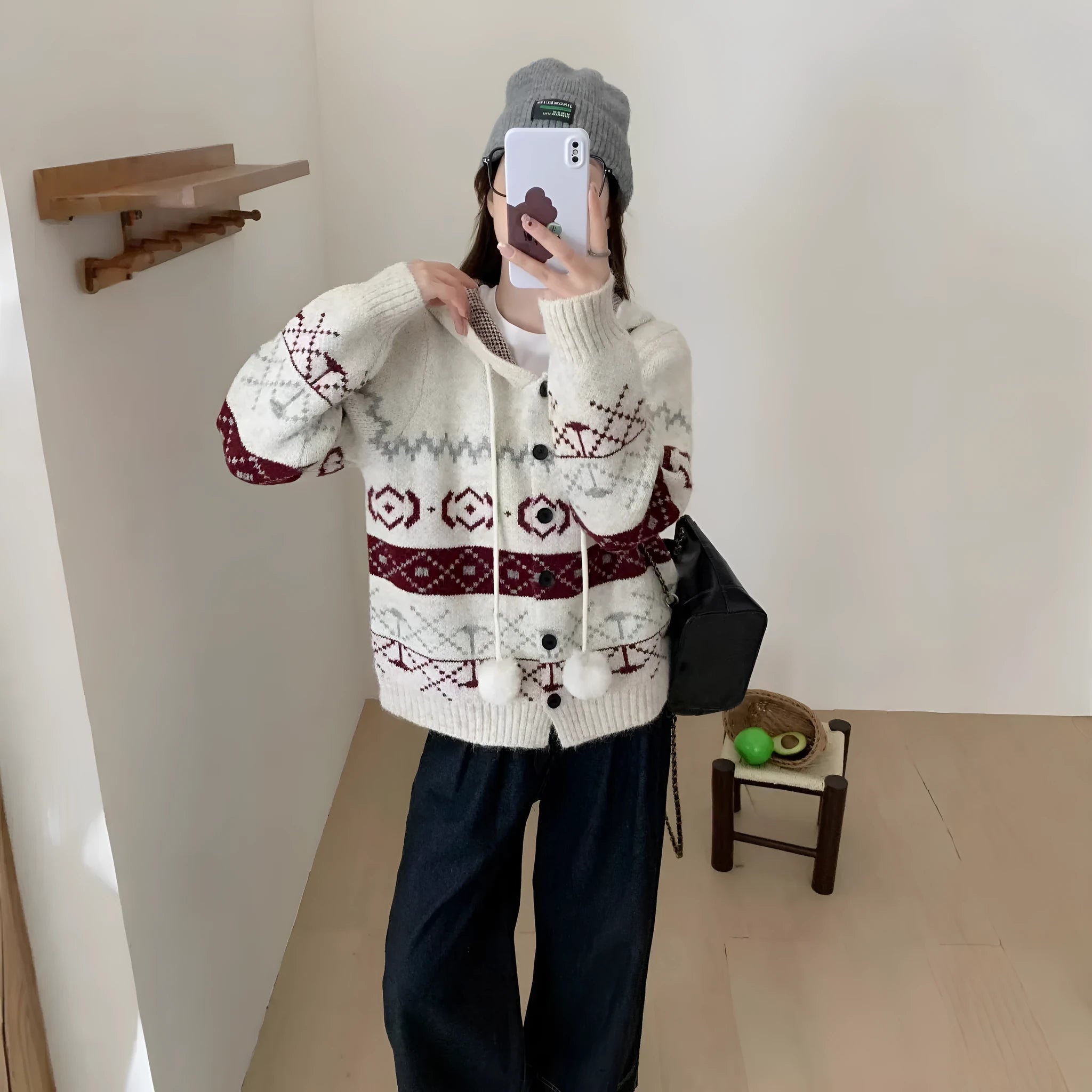 Geometric pattern brocade sweater coat for plus size women in loose fit.