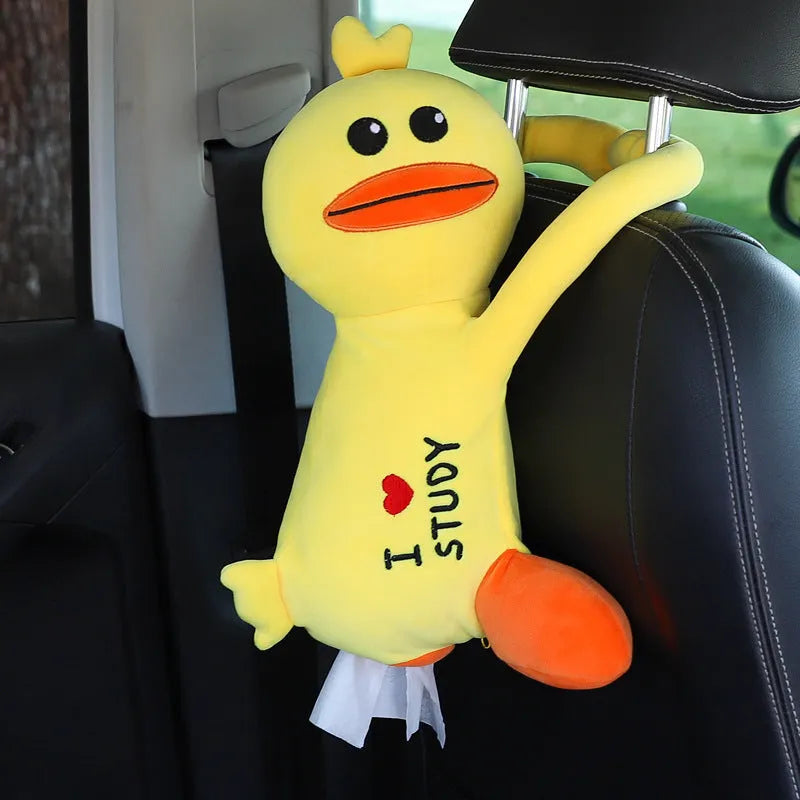Plush car seat tissue holder with strap attached to vehicle seat back in animal design