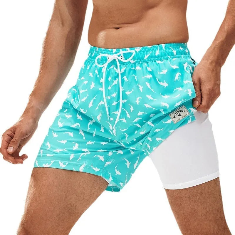 Men's loose quick-drying boxer swimming trunks in spandex with floral and tropical patterns