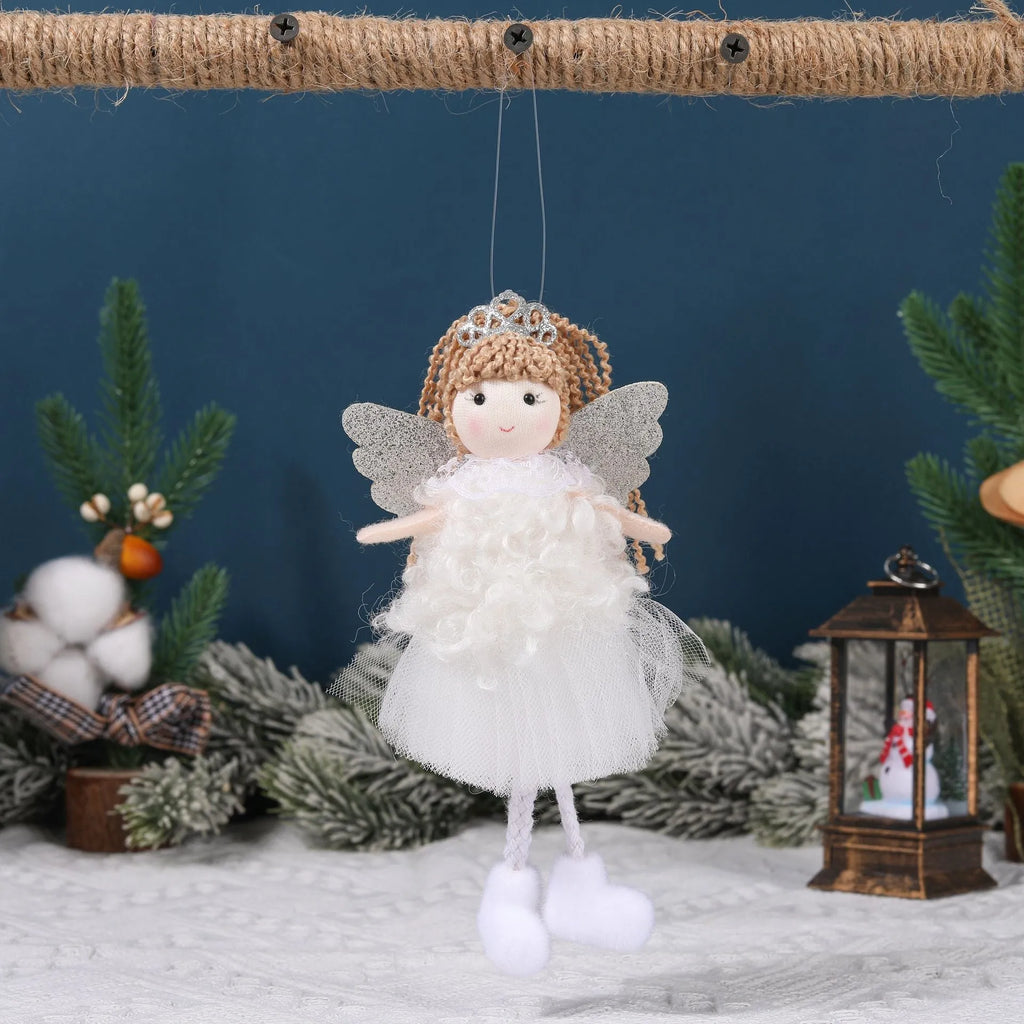 Cartoon angel fabric pendant hair clip for girls' Christmas high ponytail in white, pink, or khaki.
