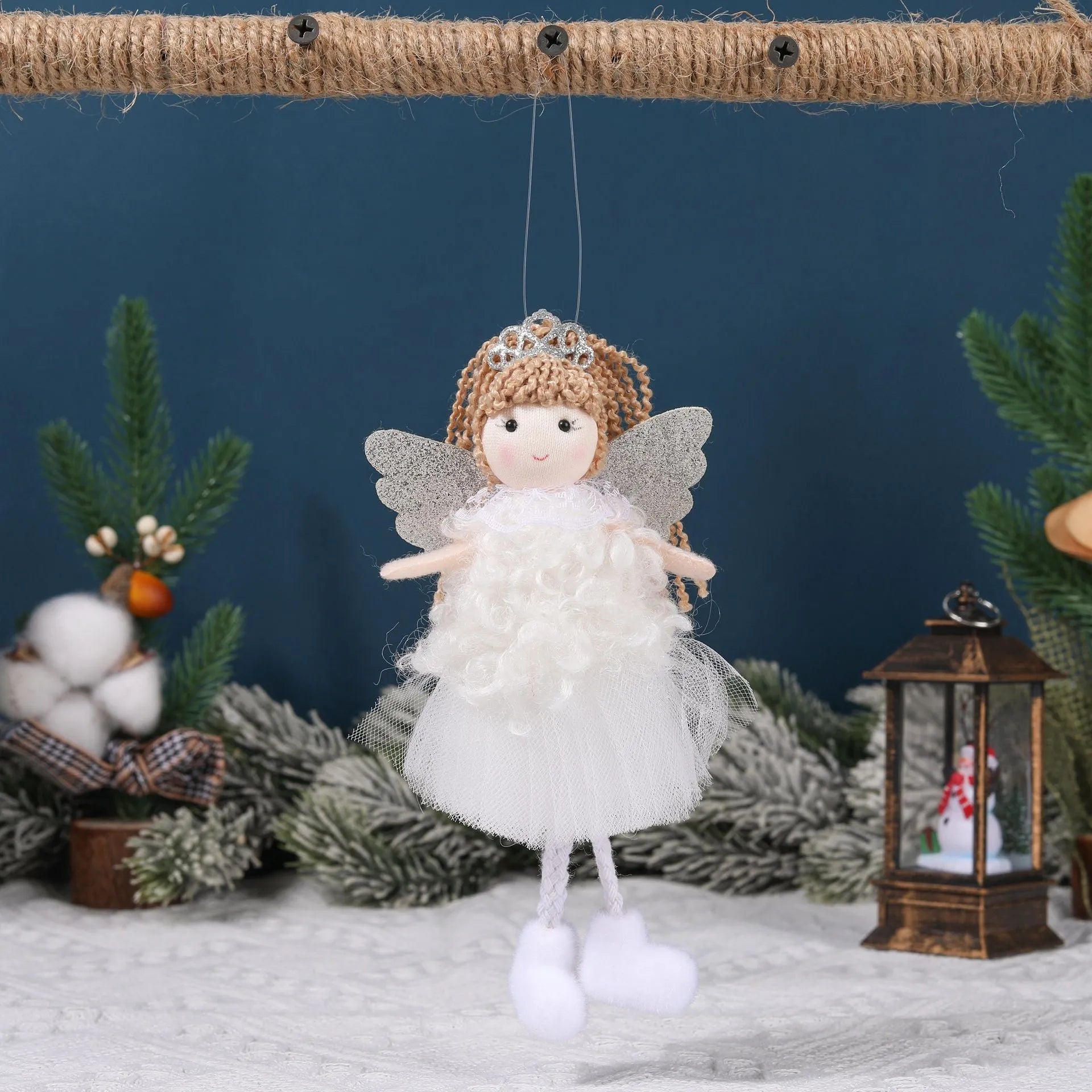 Cartoon angel fabric pendant hair clip for girls' Christmas high ponytail in white, pink, or khaki.
