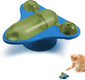 Blue interactive pet puzzle toy with bell, catnip holder, and snack dispenser on a smooth floor.