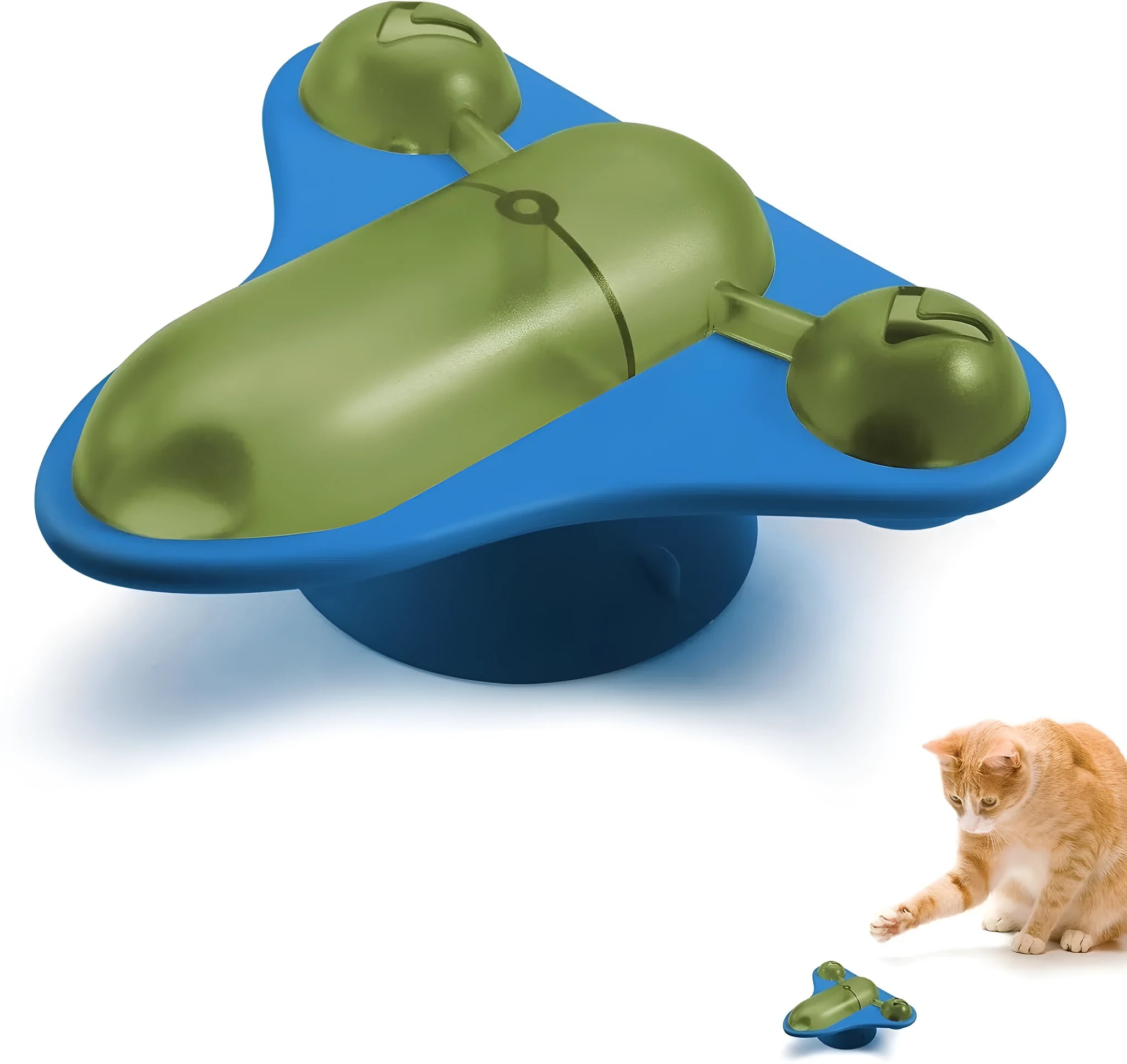 Blue interactive pet puzzle toy with bell, catnip holder, and snack dispenser on a smooth floor.