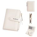 Women's short wallet in PU leather showing anti-theft features and available colour options