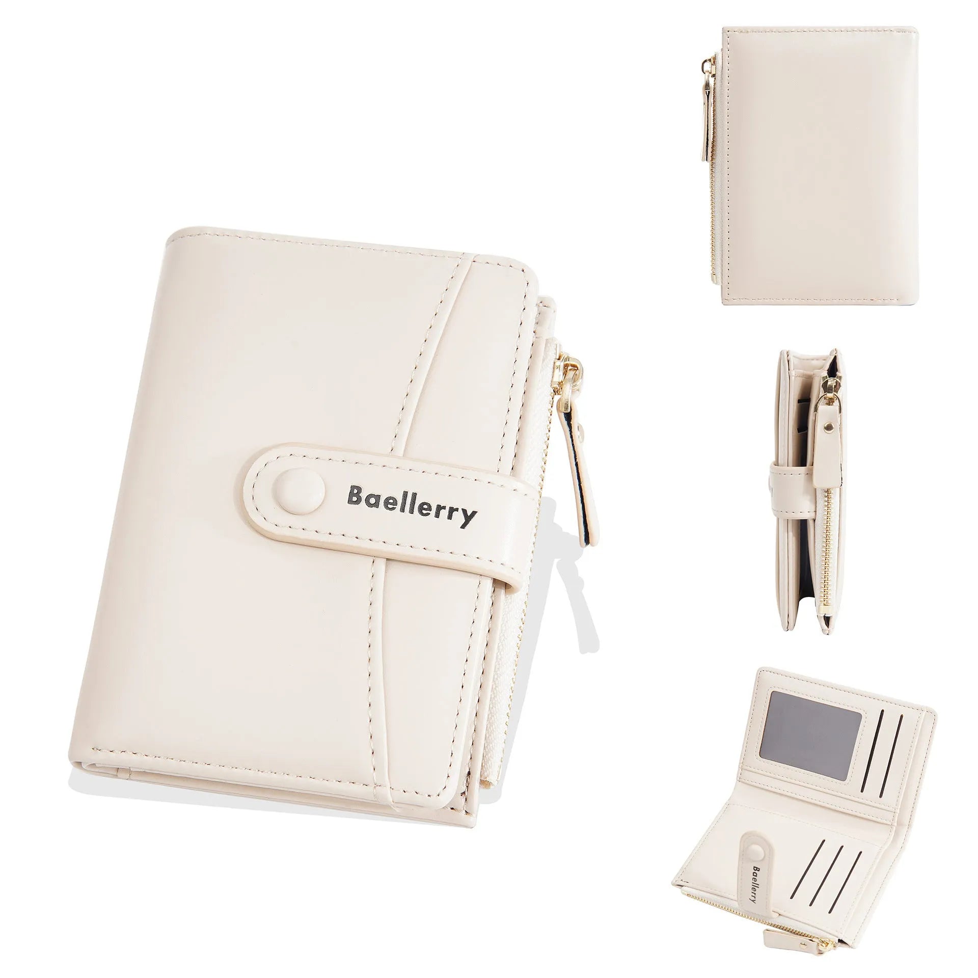 Women's short wallet in PU leather showing anti-theft features and available colour options