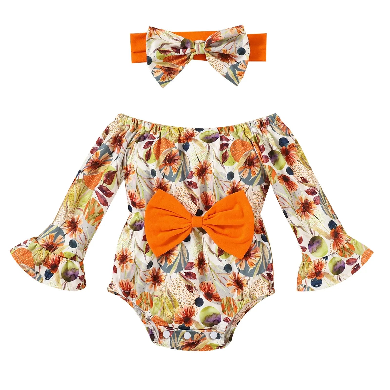 Baby wearing a floral flare sleeve romper band set with matching headband on a neutral background