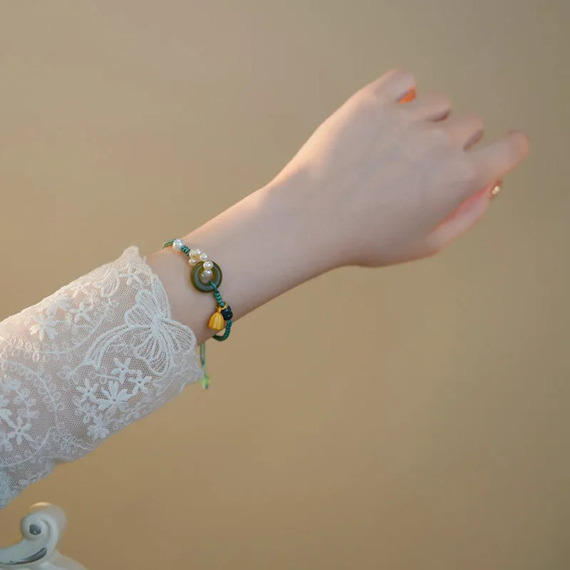 Hand-woven DIY watch band with pearl peace buckle closures in retro style for women