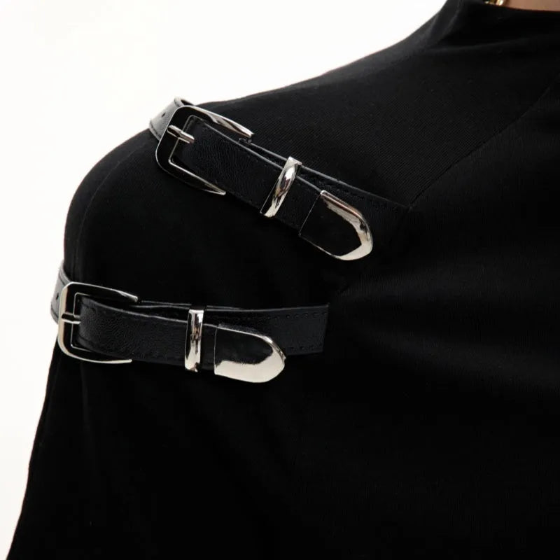 Men's black slim fit cotton T-shirt with metal belt detail and stand-up collar.