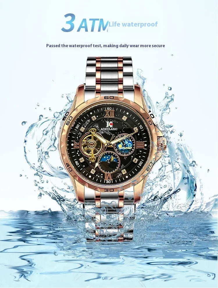 Automatic mechanical men's watch with rose gold case, black dial, and large display.