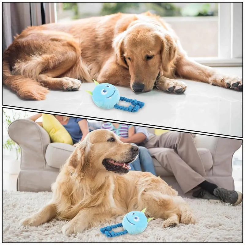 Blue and yellow cartoon-style dog squeaky toys with knot design cotton rope construction