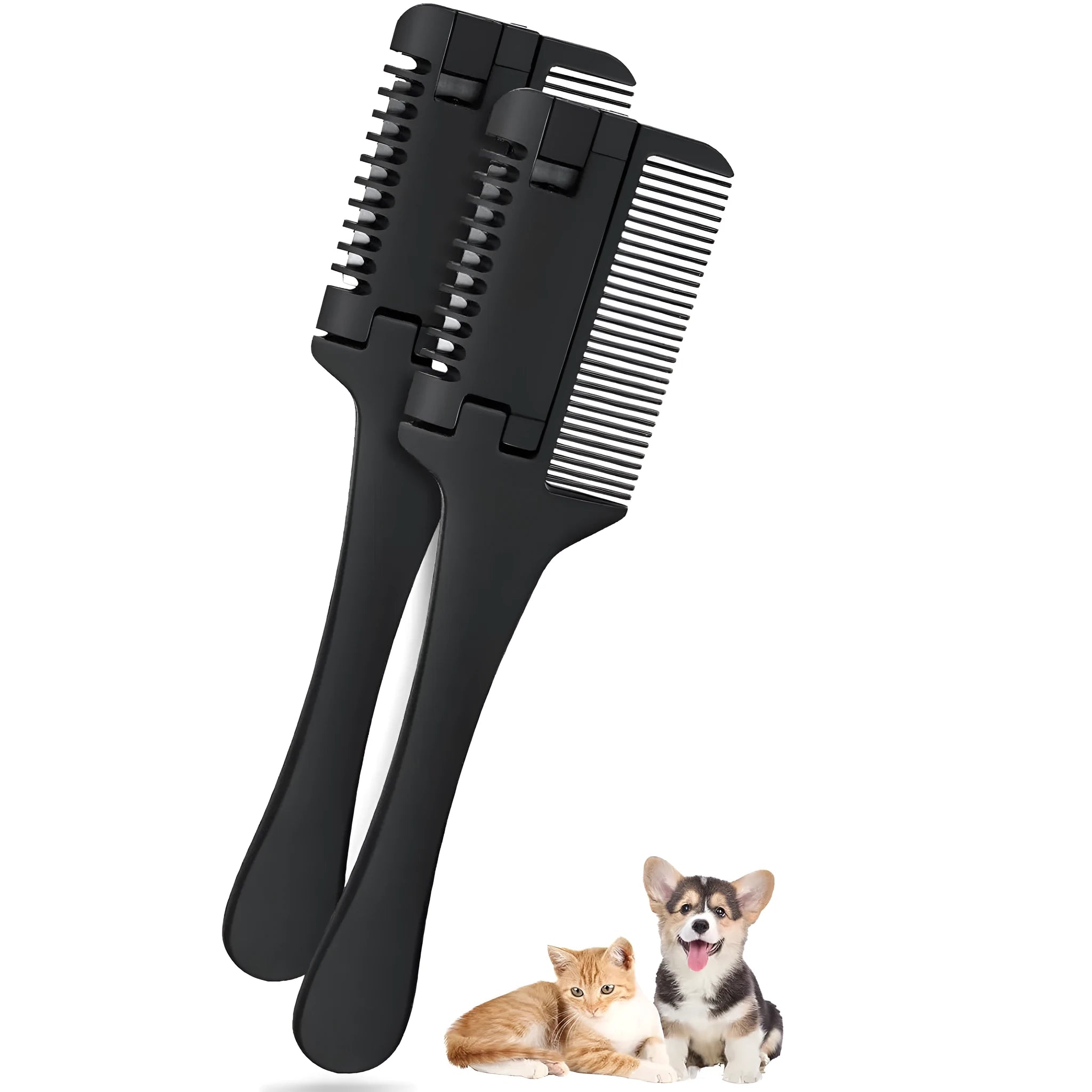 Pet razor comb grooming tool with comb teeth and trimming blade, shown with replacement blades