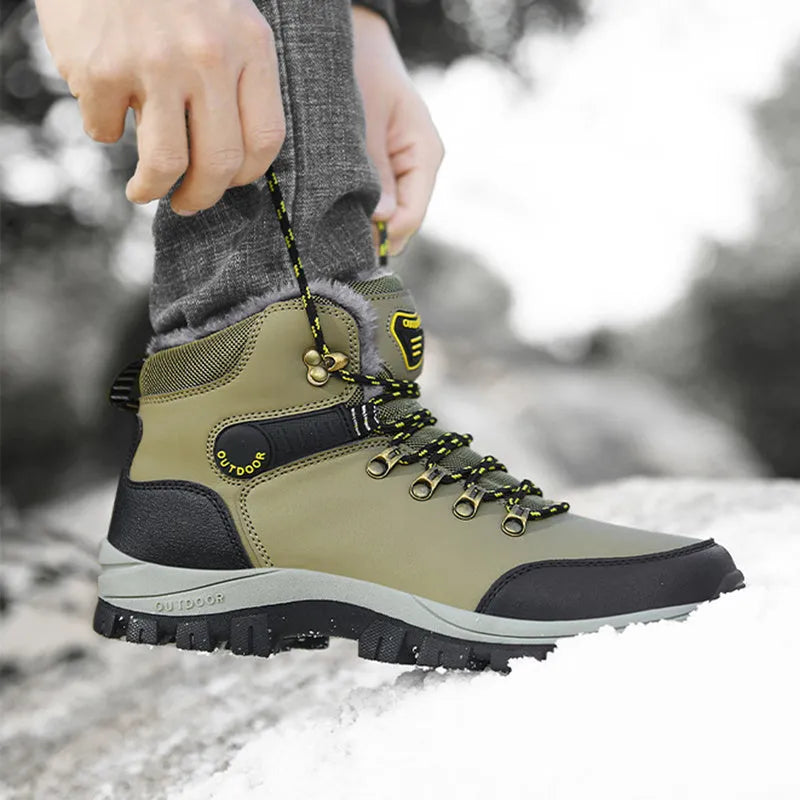 Men's winter snow boots with warm plush lining, lace-up synthetic leather upper, TPR sole, grey plus colour option