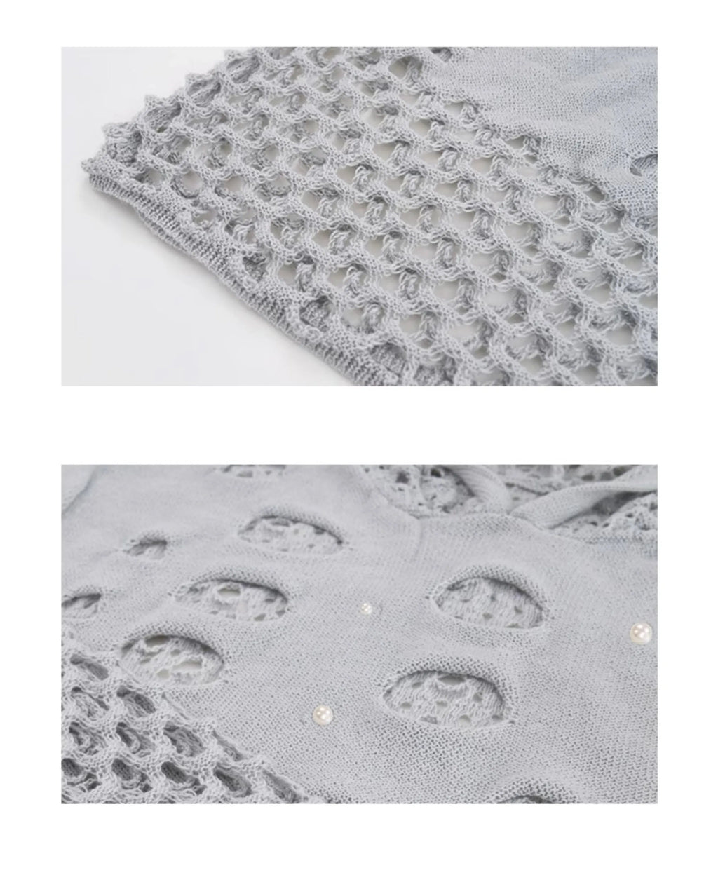 Black men's hollow knit hoodie with pearl decoration on the hood, showing loose fit.