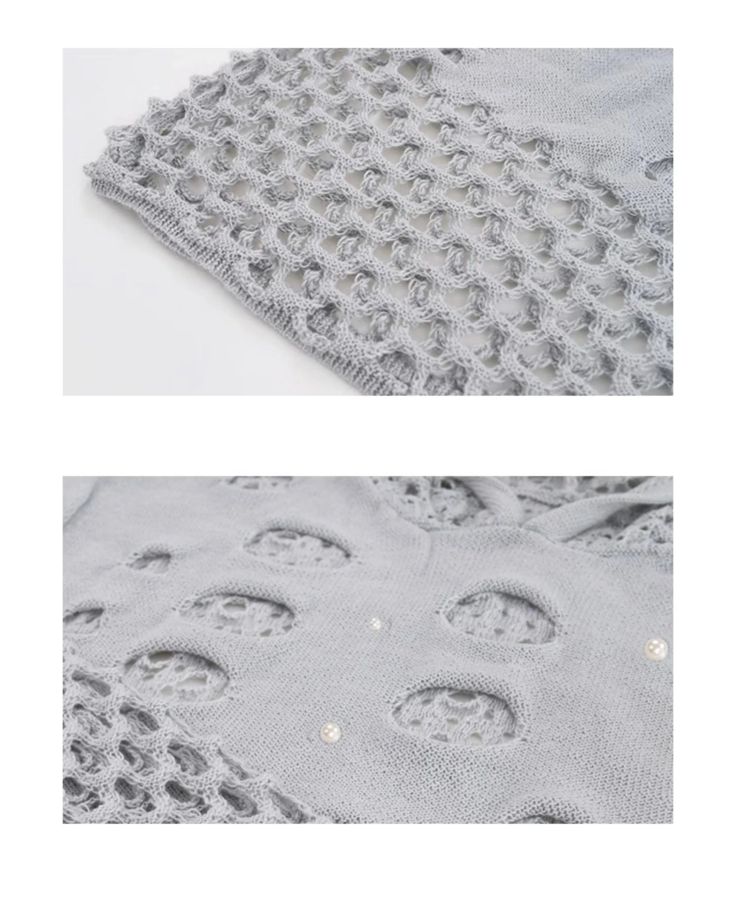 Black men's hollow knit hoodie with pearl decoration on the hood, showing loose fit.