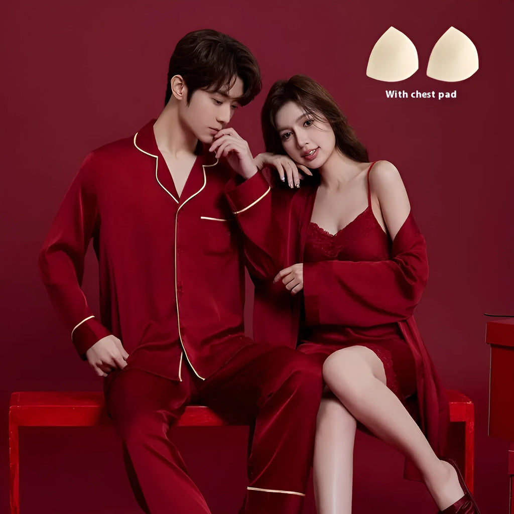 Red silk pyjama set for men and women with long sleeves and trousers