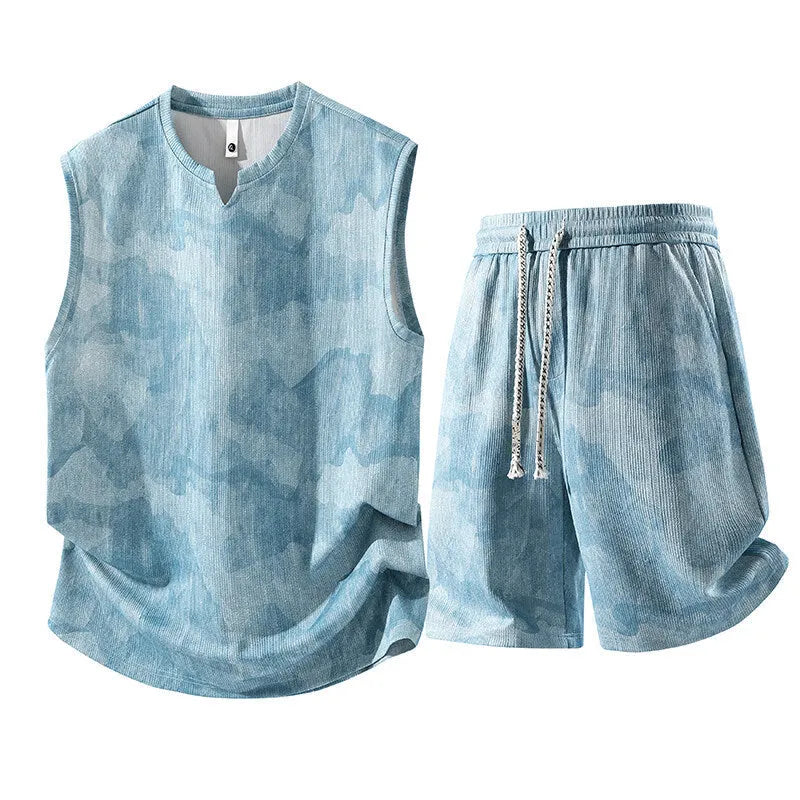 Sleeveless vest and shorts two-piece suit for larger sizes in quick-drying hemp-blend fabric