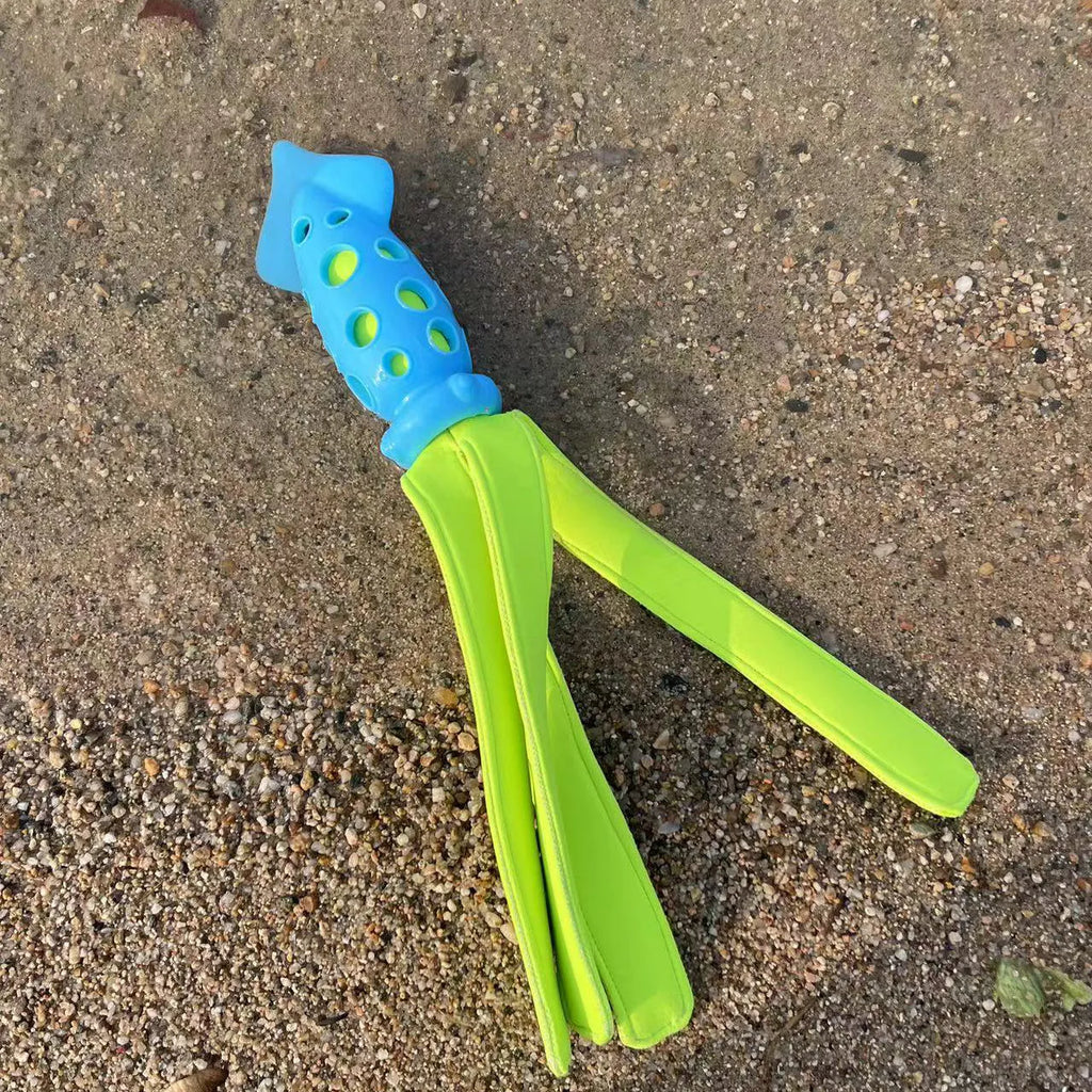 Blue cuttlefish-shaped squeaky chew toy for dogs measuring approximately 39 centimetres