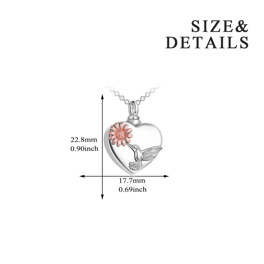 Hummingbird heart sunflower urn necklace in 925 sterling silver with screw-top pendant and chain