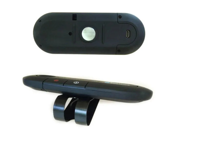 Black Bluetooth handsfree car kit with back clip, auxiliary cable, car charger and USB cable.