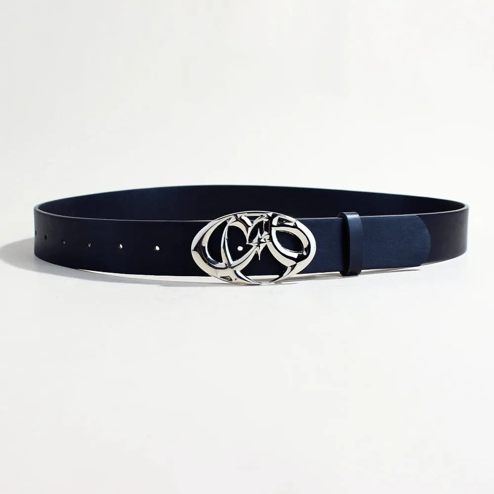 Men's silver buckle casual belt with PU leather strap measuring 105cm long
