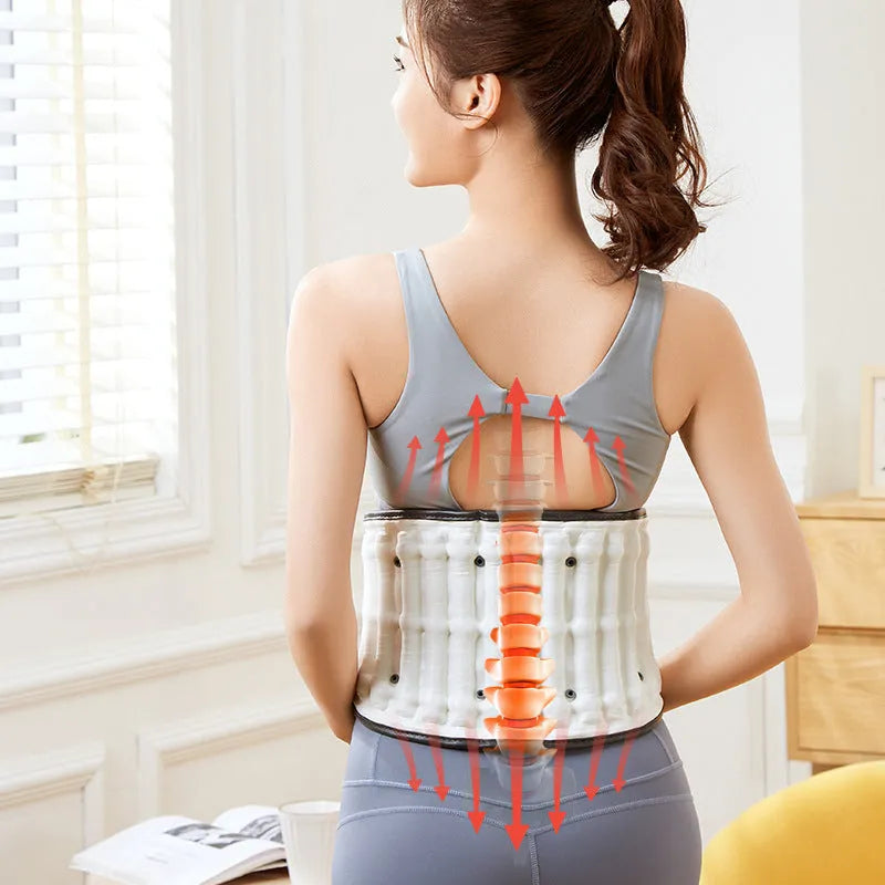 Automatic inflation lumbar waist supporter in PU material for lower back pain relief and disc correction.