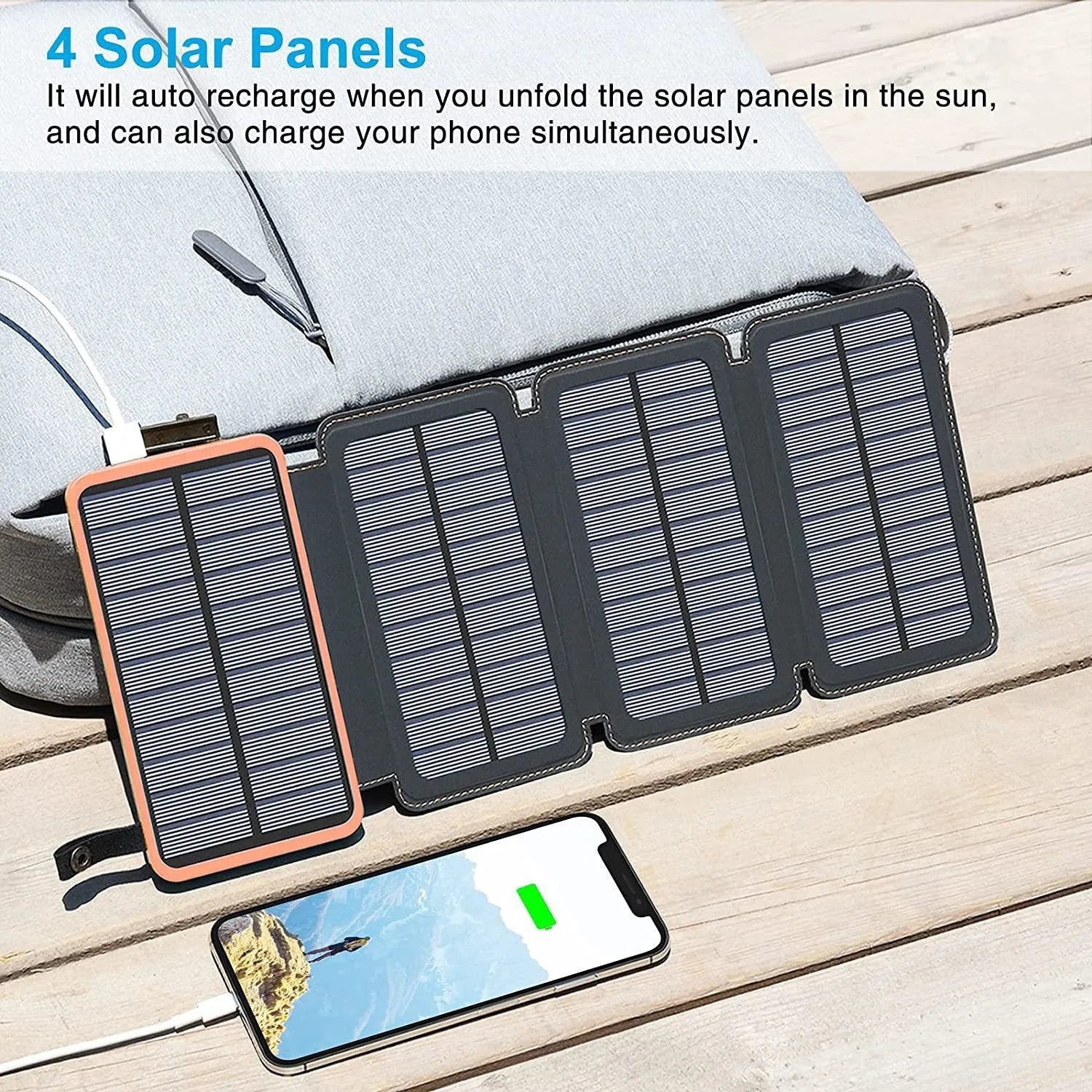 A black outdoor solar power bank with a solar panel, LED light, and soft leather finish, shown with a charging cable.
