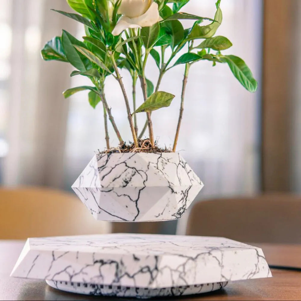 Hexagonal wood grain magnetic levitating flower pot floating above matching base