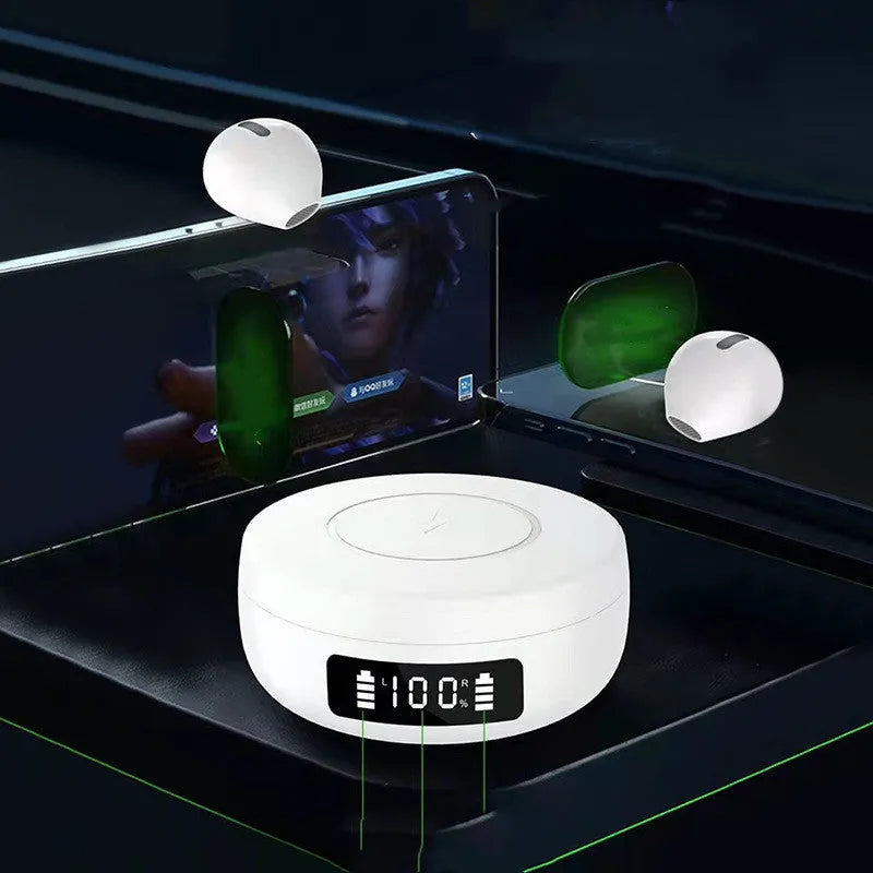 Mini semi-in-ear wireless headphones with a charging case in black, blue, and white colour options.