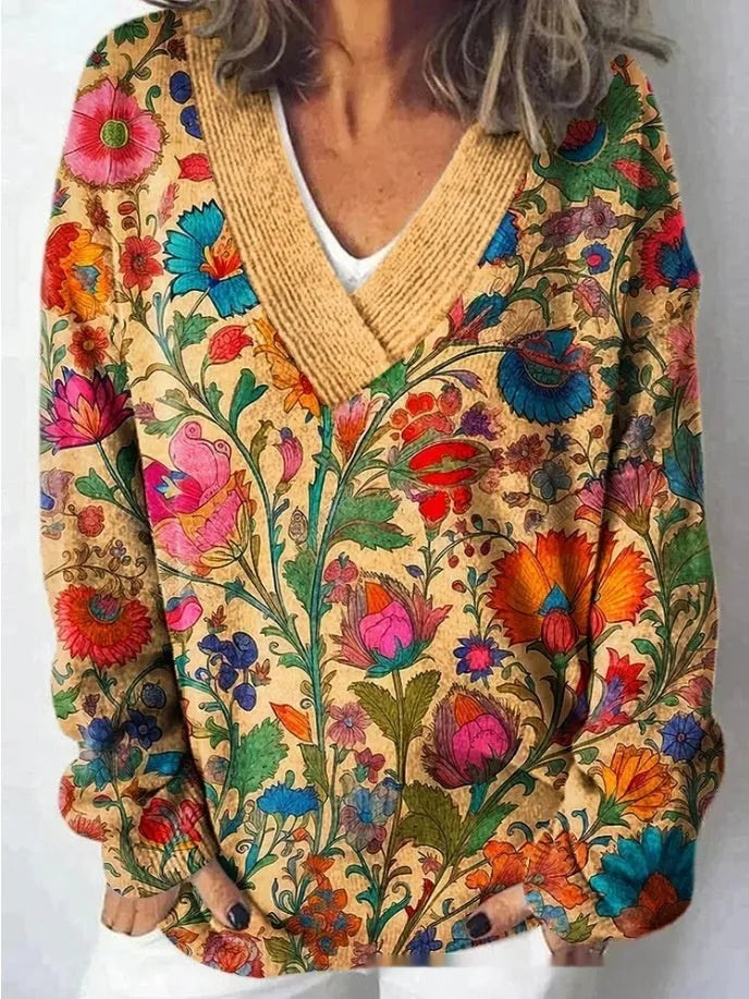 Women's V-neck long sleeve sweatshirt with a retro 3D floral pattern print in a colour from the E073 range.