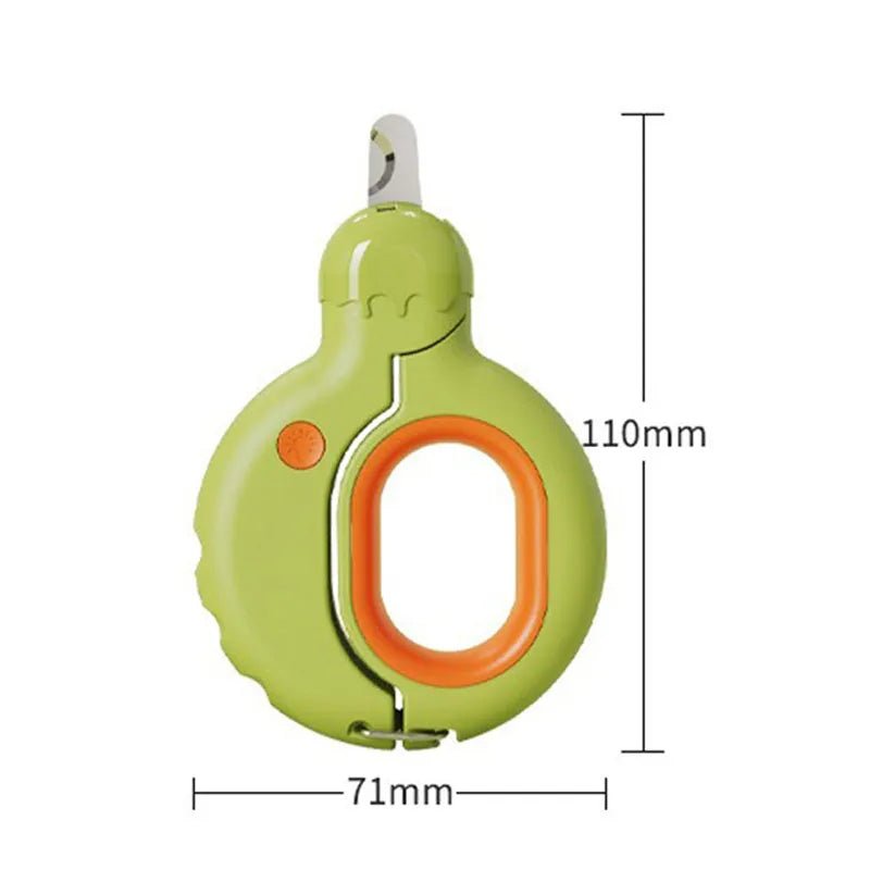 Blue pet nail clipper with LED light on, showing ergonomic handles and stainless steel blade.
