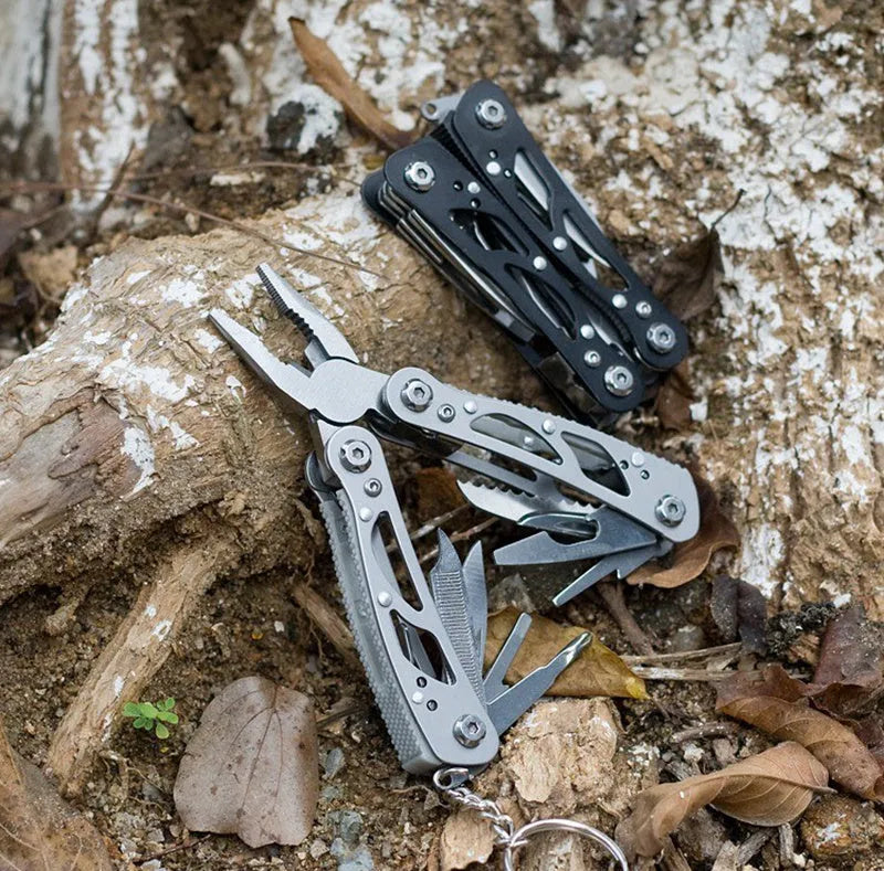 All steel 14-in-1 multi-function folding pliers with locking blade and screwdrivers, black finish