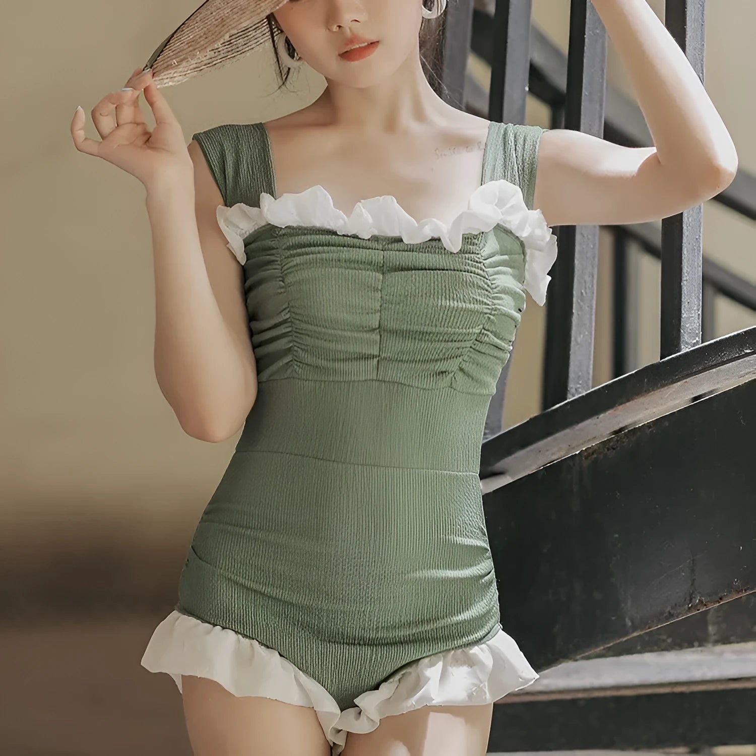Women's high-waisted one-piece swimsuit in quick-dry polyester, shown in black, green, and pink.