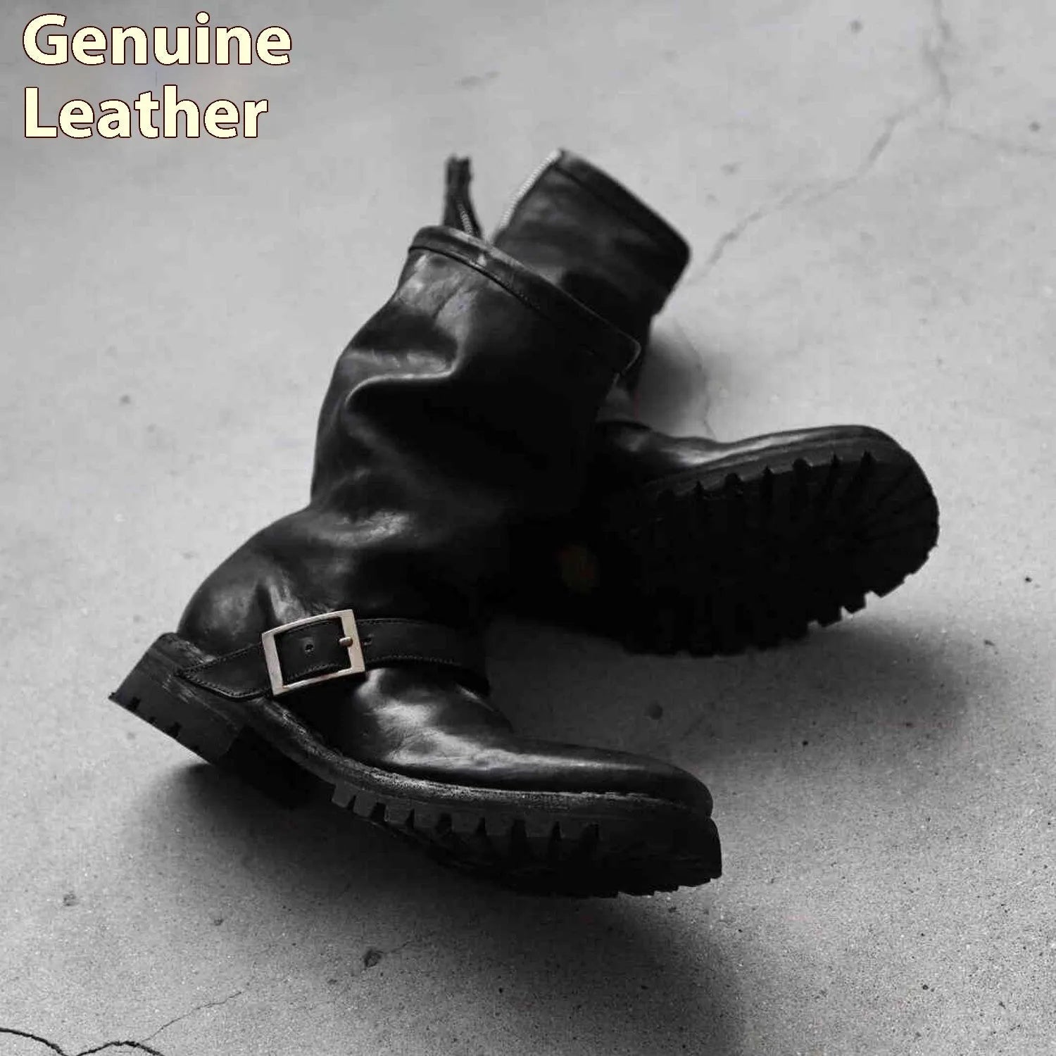 Men's black retro Martin ankle boots with side zipper closure and round toe
