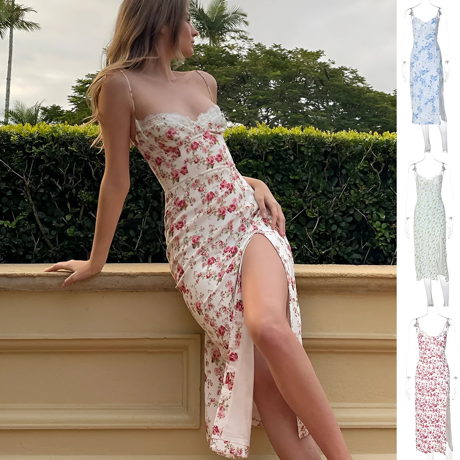 Womans blue lace floral print long dress with side slits and black suspender straps