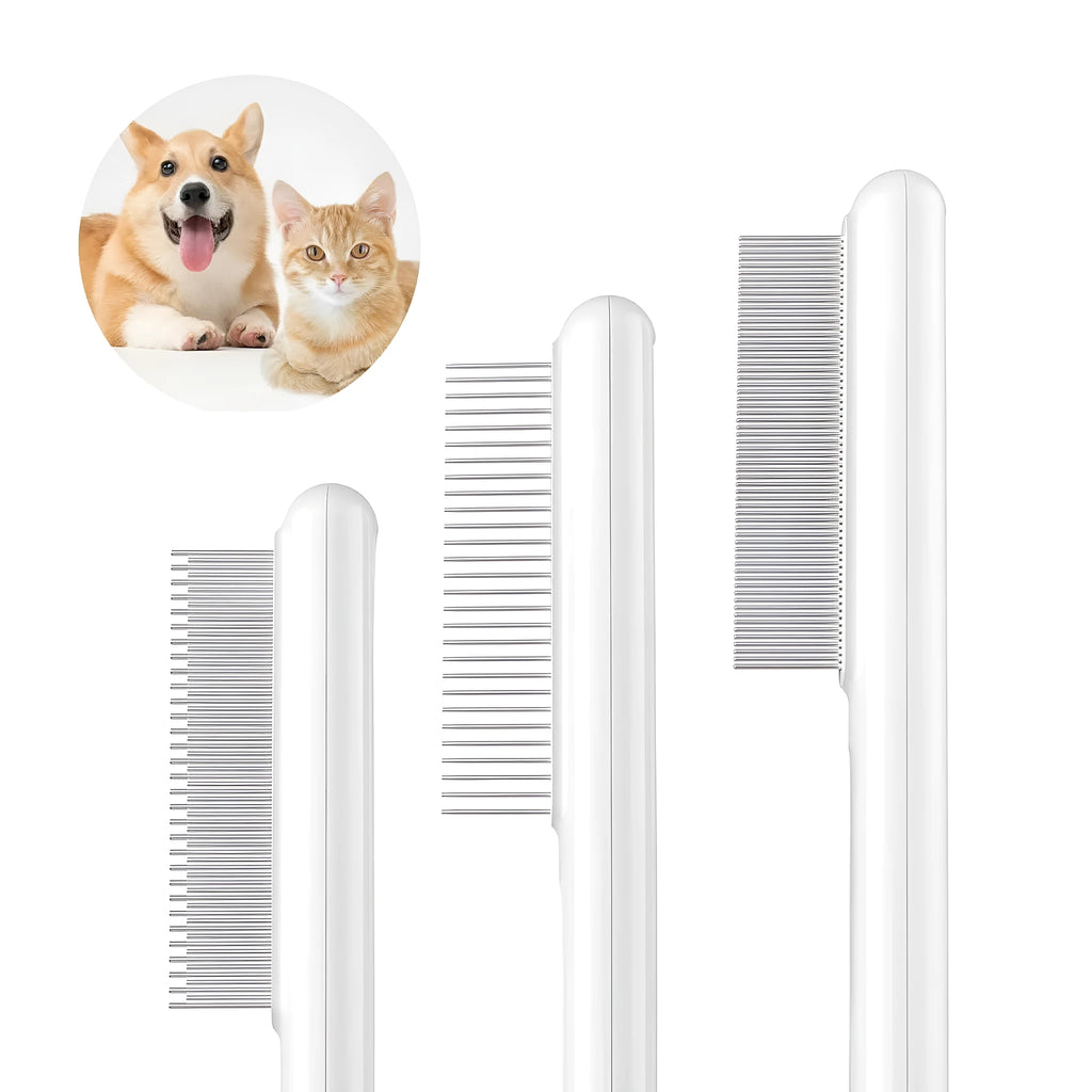 Green and white stainless steel cat comb with rounded teeth for grooming and flea removal