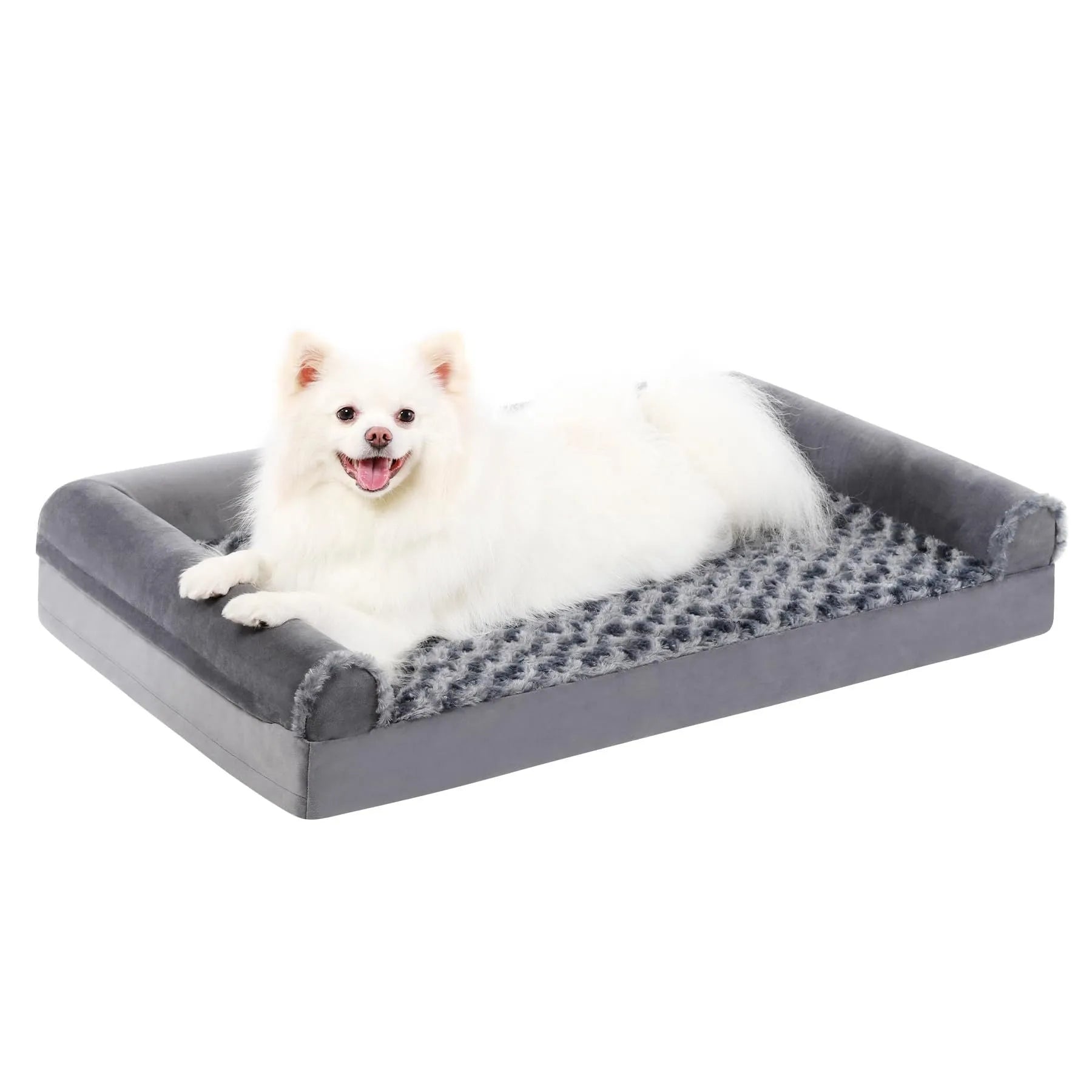 Grey U-shaped velvet dog sofa with removable washable cover and sponge filling