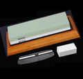 White corundum double-sided whetstone with 3000/8000 grit and bamboo base from five-piece kitchen sharpening set
