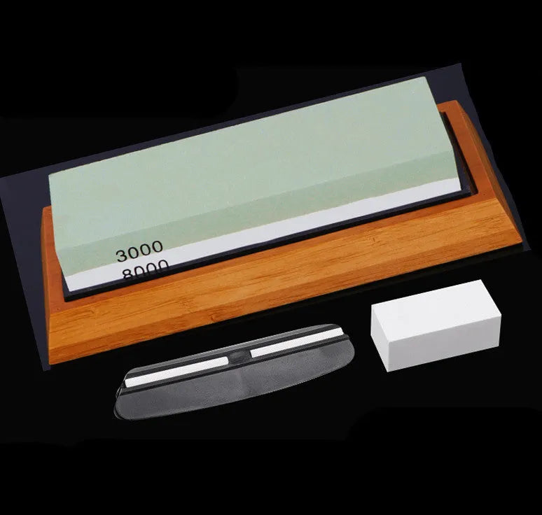 White corundum double-sided whetstone with 3000/8000 grit and bamboo base from five-piece kitchen sharpening set