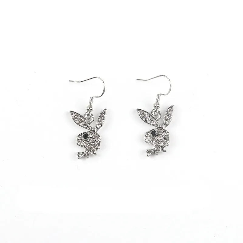 Cute full diamond rabbit stud earrings in silver, pink, and gold alloy.