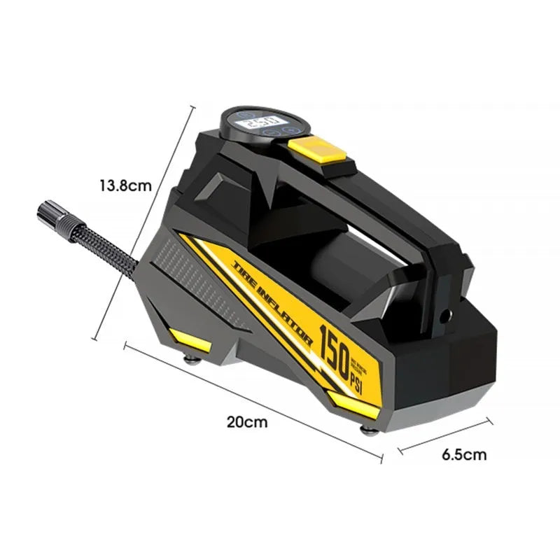 Black portable digital car tyre inflator with LED light and 12V power cable.