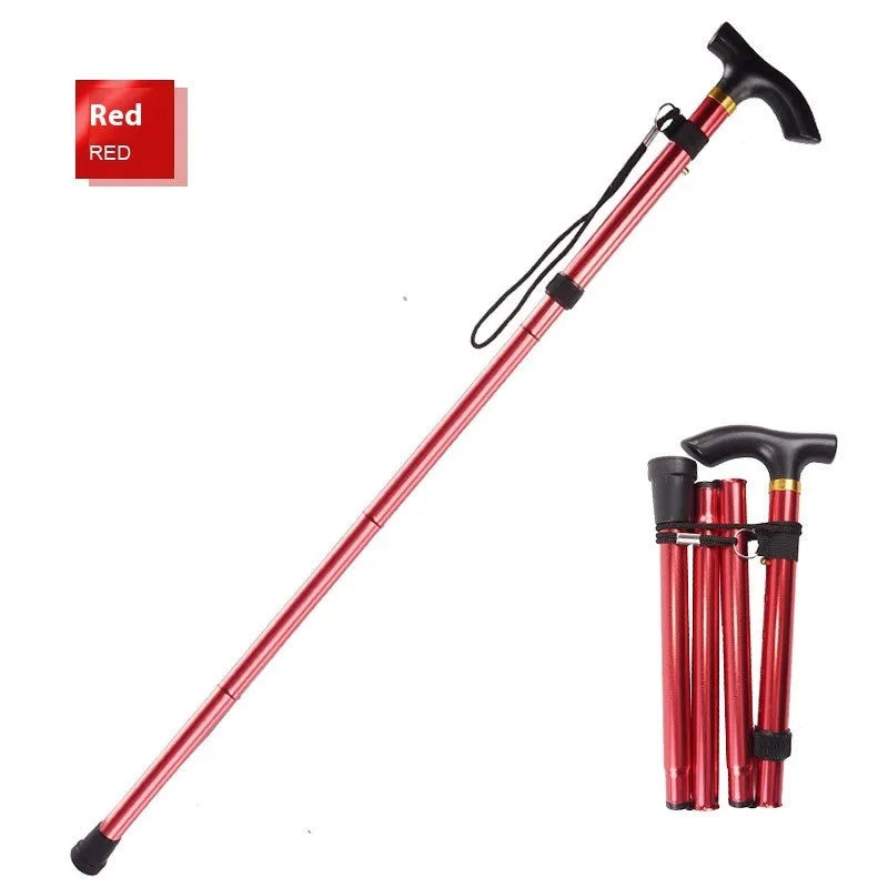 Adjustable aluminium folding walking stick in a chosen colour, shown extended and folded.