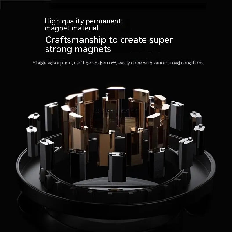 All-metal magnetic car phone mount with foldable design on car dashboard