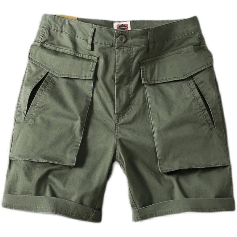 Men's straight-leg cargo shorts in stretch cotton fabric, shown in a neutral colour with multiple pockets.