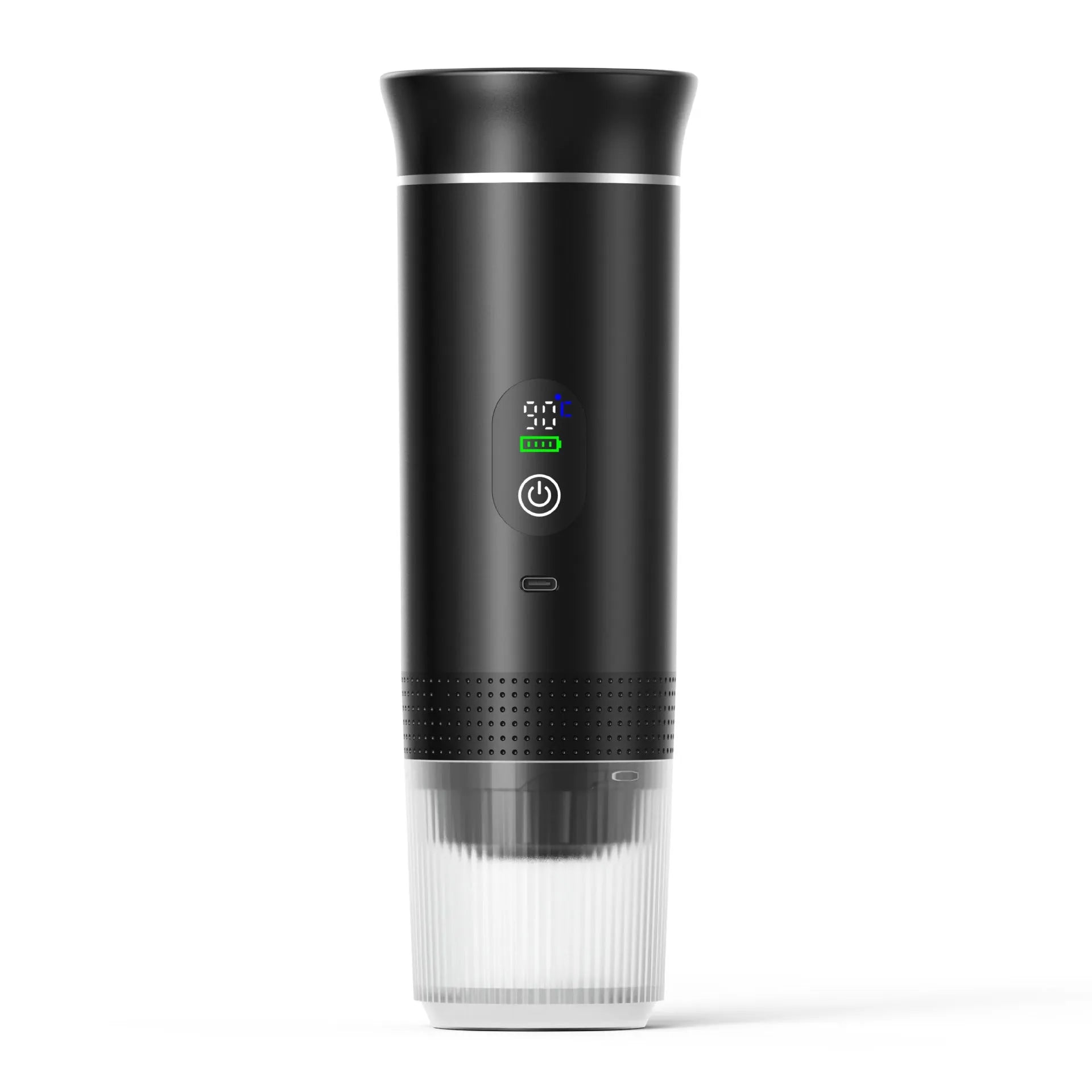 Black portable electric capsule coffee machine with LCD display for use in cars and outdoor travel