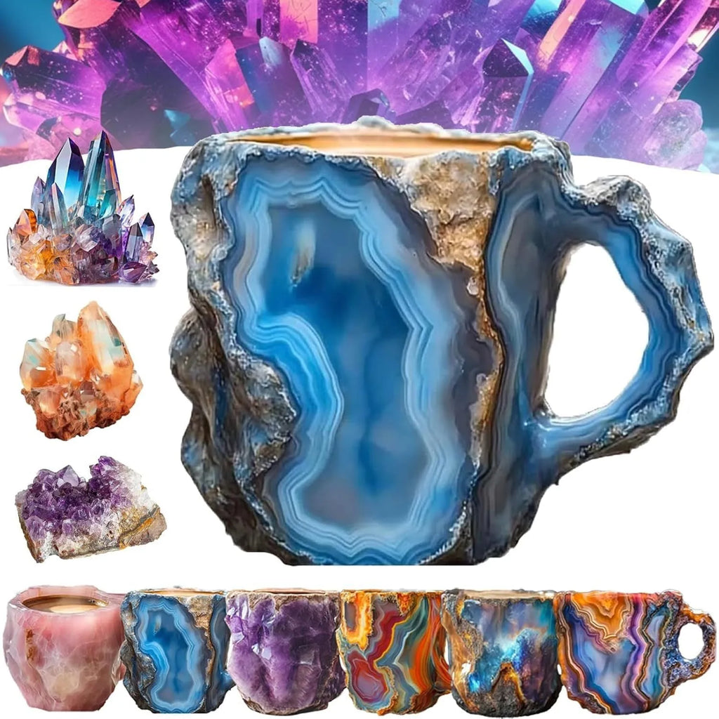 Purple resin coffee mug with handle showing crystal-like transparency on a table.