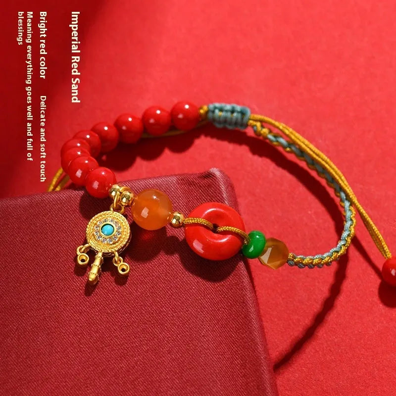Women's cinnabar peace buckle bracelet in emperor red sand colour with hand-woven national style geometry design