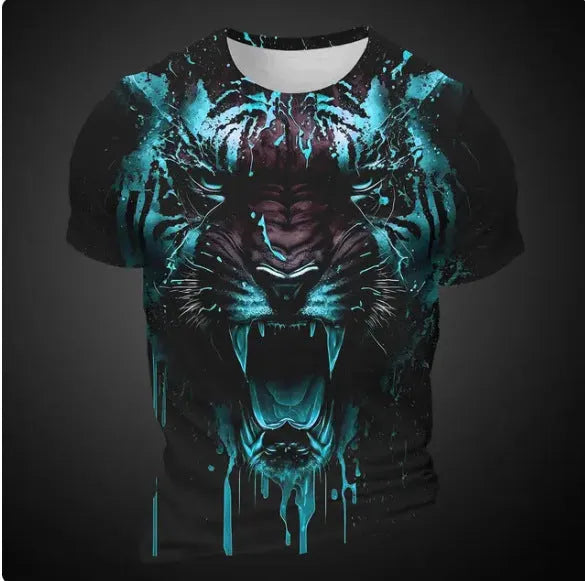 Men's grey T-shirt with a detailed 3D tiger head graphic print on the front